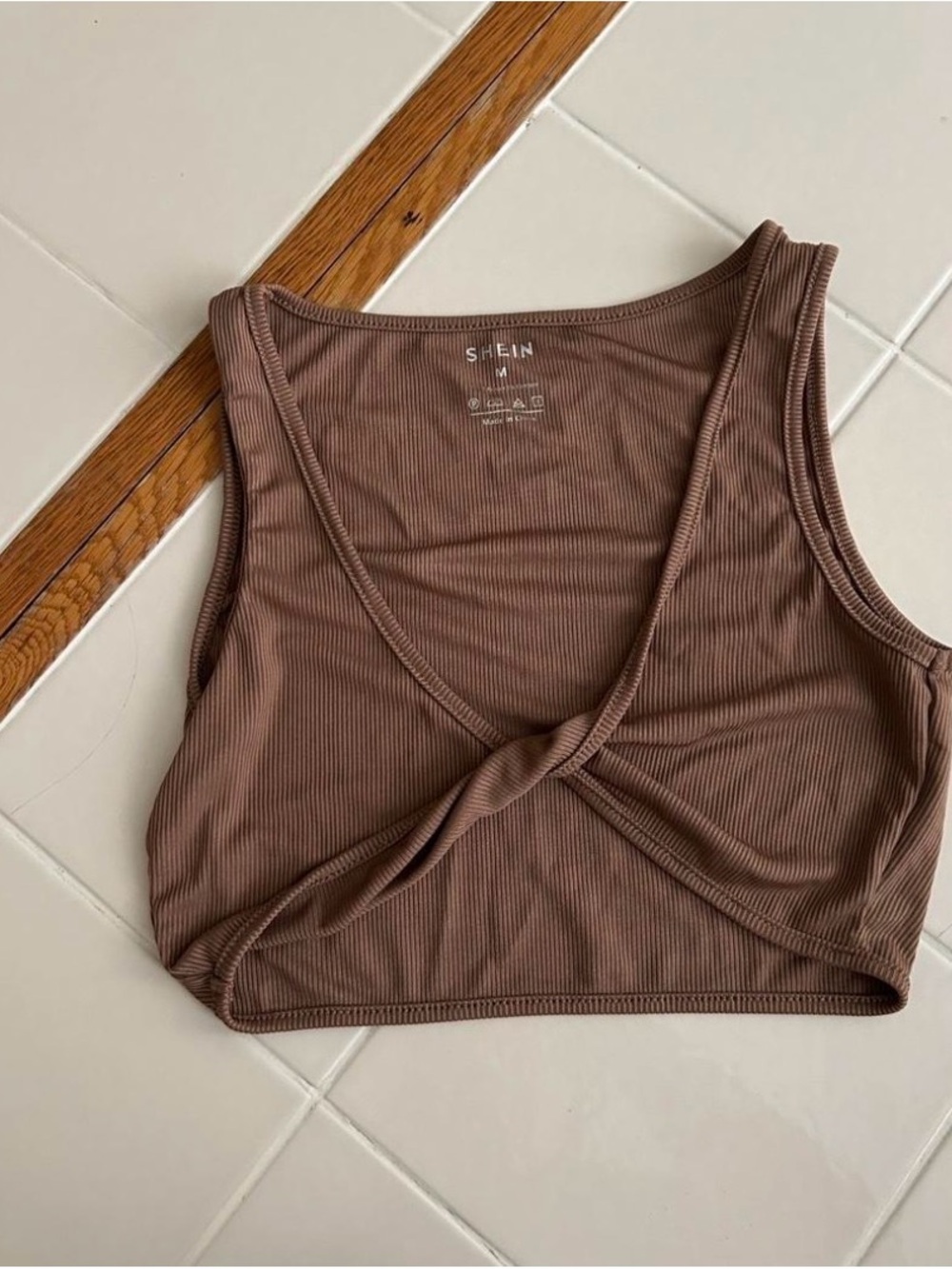 SHEIN Brown Ribbed Twist-Front Crop Top